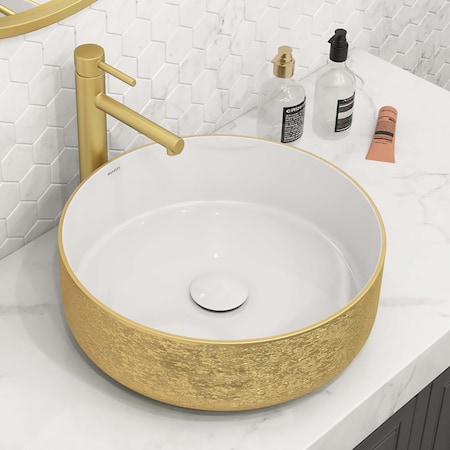 Ruvati 14 inch Bathroom Vessel Sink Round Gold Decorative Art Above Vanity Counter White Ceramic RVB0314WG